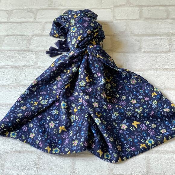 NEW Boho Butterfly Floral Design Tasseled Rectangle Soft Chic Scarf L Navy Blue - Picture 6 of 15